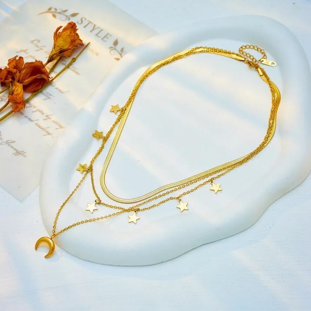 18K Gold Moon & Stars Celestial Bohemian Vintage Style Layered Necklace No Fade - Picture 8 of 14